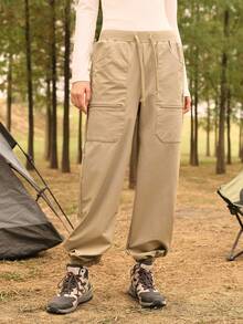 SHEIN In My Nature 女士休闲抽绳腰带慢跑裤 - 卡其色 - 查看 3