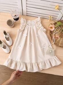 SHEIN Young Girl Woven Round Neck Ruffle Hem Casual Dress Boho Flower White Summer Party Apricot Tan Neutral Nude Beige Dress For Girls - Beige - View 7