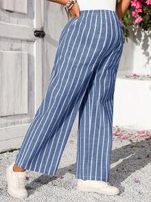 SHEIN 孕妇休闲条纹印花口袋裤 - 淺藍色 - 查看 3