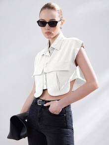 Aveloria Affinna 女士纯色短款衬衫，带翻盖口袋，女士休闲纽扣口袋无袖领常规版型短款白色蝙蝠袖衬衫，女式衬衫，春夏，休闲日常穿着