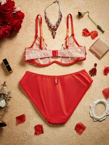 PinupPomp 2pcs Vintage Romantic Floral Embroidered Deep V-Neck Underwire Bra Set, Comfortable Lingerie Set For Women - Red - View 9