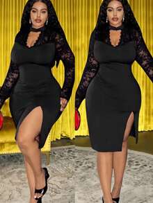 Slaydiva Plus Size Women's Elegant Black Autumn Formal Bodycon Dress,Long Lace Sleeve Evening Night Out Club Outfit,Vintage Solid Cocktail Party Gown - Black - View 7