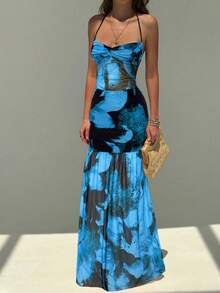 Aloruh Romantic Floral Print Dress With Spaghetti Straps And Open Back, Suitable For Dates, Vacations, Spring/Summer - Black - View 3