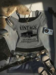 Camiseta de manga corta gris desgastada 2 en 1 para adolescentes, camiseta ajustada y delgada con estampado vintage de coche asimétrico y hombros descubiertos, estilo retro Y2K - Multicolor - Ver 3