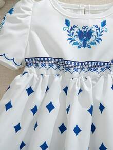 SHEIN Souflis 女婴幼儿0-3岁优雅异域风情度假泡泡袖蓝白连衣裙，春夏款 - 藍色 - 查看 6