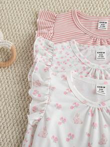 Souflis Souflis French New Style Baby Girl 3 Pieces Set Summer Romper Shorts, Cute Rabbit Pattern, Ruffled Sleeves & Hem, Casual Everyday Wear - Multicolor - View 4