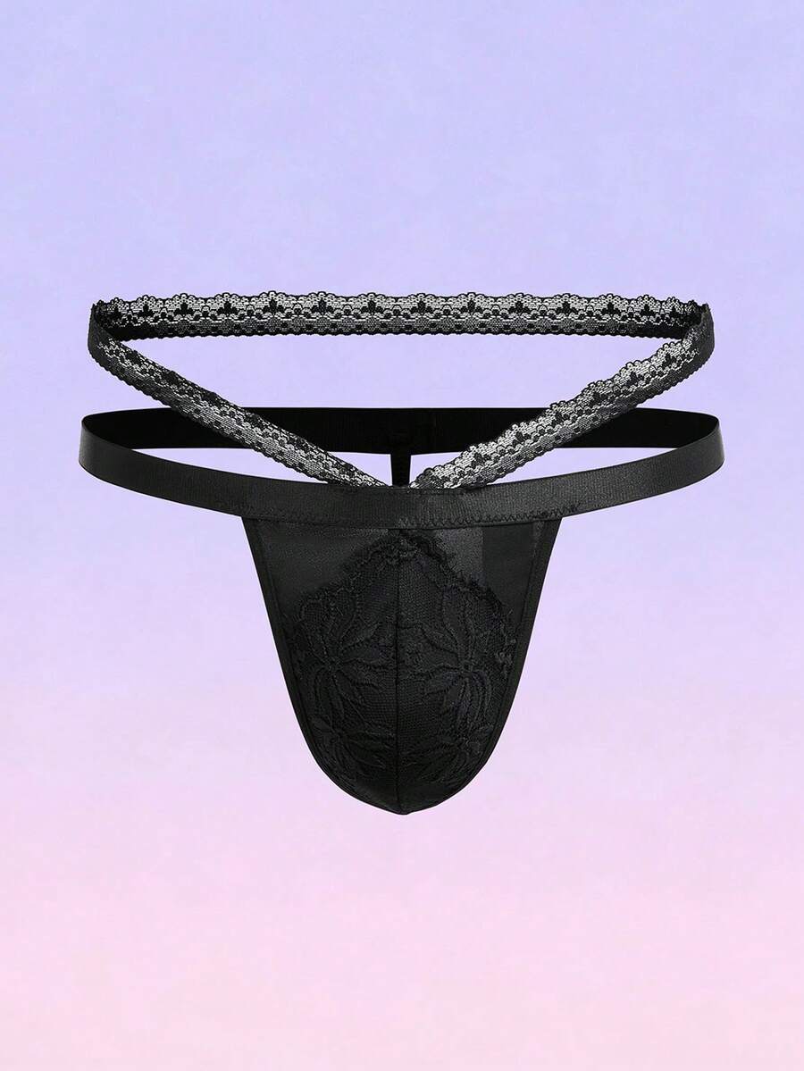 FeverCity Men's Contrast Lace Hollow Out Sexy Briefs - Black - View 1