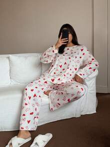Plus Size Heart Print Crew Neck Long Sleeve Pajama Set, Valentine's Day Print Sleepwear Curve Pajamas Set Women Pjs Set Pajama Sets For Women Long Sleeve Heart Pajama Set Comfy Pajamas Set - Multicolor - View 6