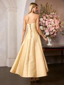 MOTF PREMIUM FORM-FITTING STRAPLESS MAXI PARTY GOWN, STIFF LUSTROUS FABRIC, CHEST RUCHING & WAIST FAUX PEARL EMBELLISHMENT BACK LACE-UP DESIGN DRESS, IDEAL FOR WEDDINGS, GALAS & FORMAL EVENINGS, STYLE WITH STRAPPY HEELS & DAINTY JEWELRY - Yellow - View 4