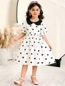Young Girls' Butterfly Print Puff Sleeve Contrast Collar Elegant Summer Dress, Young Girl Formal Dress - White - View 8