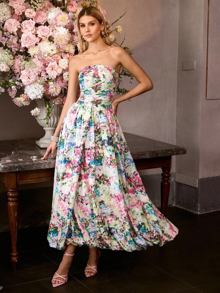 MOTF Soiréza WOMEN'S ELEGANT ELEGANT FLORAL PRINT DRESS WIITH BUST RUCHING, BACK TIE SPAGHETTI STRAPS & UMBRELLA HEM, PERFECT FOR WEDDINGS, PARTIES & FESTIVE EVENTS