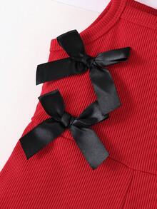 SHEIN Baby Girls' Casual Sleeveless Elastic Ribbed Fabric Bow Decor Romper, Short Style, Pink, Summer - Red - View 4