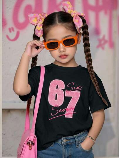 SHEIN Bright Pink Ballet Inspired Sweet Bow Striped Letter 23 Graphic Casual Minimalist Round Neck Short Sleeve T-Shirt For Young Girls, Suitable For Summer