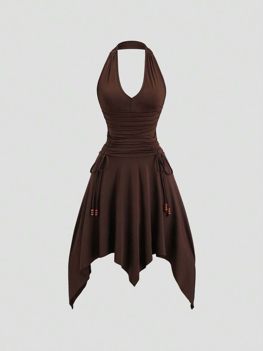 Sweetra Women's Casual Elegant V-Neck Halter Asymmetrical Hem Dress, Spring/Summer - Coffee Brown - View 1