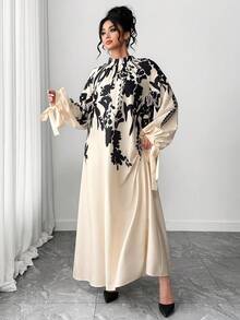 Elenzga Plus Size Casual Printed Long Sleeve Tie Cuff Dress - Multicolor - View 6