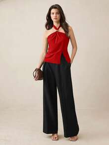 BizChic 新款春夏红色系带蝴蝶结金属装饰不对称开衩下摆无袖衬衫，优雅女士通勤办公装 - 紅色 - 查看 5