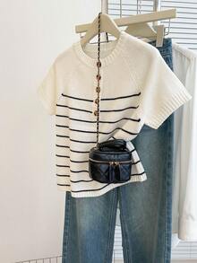 Franclia Casual Loose Round Neck Short Sleeve Knitted Striped Half-Placket Button Design Beige Women Pullover Sweater, Spring/Summer - Beige - View 3