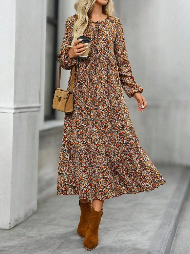 Plus Size Women's Spring/Autumn Ditsy Floral Twist Collar Lantern Sleeve Loose Dress, Floral Dress,Vacation Style Summer Outfits For Women Spring Break Outfits Valentine's Day Outfit Beach Outfit For Women Birthday Outfits For Women Elegant Dress Women Holiday Outfits For Women 2026 New Clothes,Simple And Fashionable For Everyday Wear, Plus Size Winter Clothes,Comfortable And Breathable,New Year Clothes,Date Night Outfits Women  Elegant Dress Women,Vacation Outfits Women ,Holiday Outfits For Wom