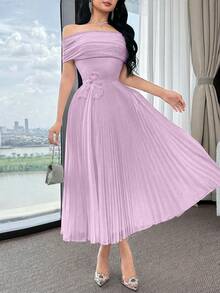 Feyla Women's Elegant Off Shoulder Pleated Short Dress, Suitable For Commuting - Mauve Purple - View 3