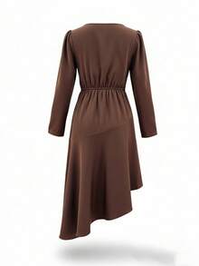 Franclia Classy Mocha Brown Plus Size Formal Dress With Boat Neck Long Puff Sleeves And Asymmetrical Hem Plain Woven Fabric - Mocha Brown - View 3