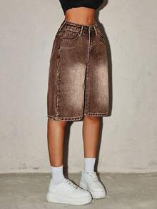 SHEIN Tall 女士宽松休闲百慕大牛仔短裤，带口袋 - 咖啡棕 - 查看 3