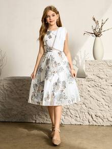 Tween Girl Floral Embroidery Bow Decor Round Neck Elegant Sleeveless Dress - White - View 3