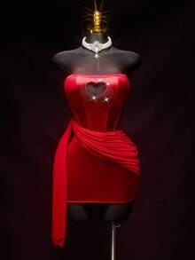 SHEIN ICON Đầm dự tiệc sang trọng, gợi cảm, đính đá hình trái tim, chất liệu satin, màu đỏ, thích hợp cho đám cưới, sinh nhật, kỳ nghỉ, ngày Valentine, hẹn hò, đêm tân hôn dành cho nữ. - Đỏ - Xem 3