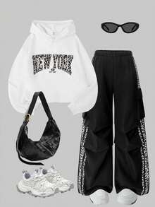 SHEIN ChillGRL Streecool Teen Girl Casual Leopard Print Letter Hoodie Sweatshirt & Loose Straight Leg Pants 2 Pieces Set, Fashionable Daily Wear For Teens - Black and White - View 1