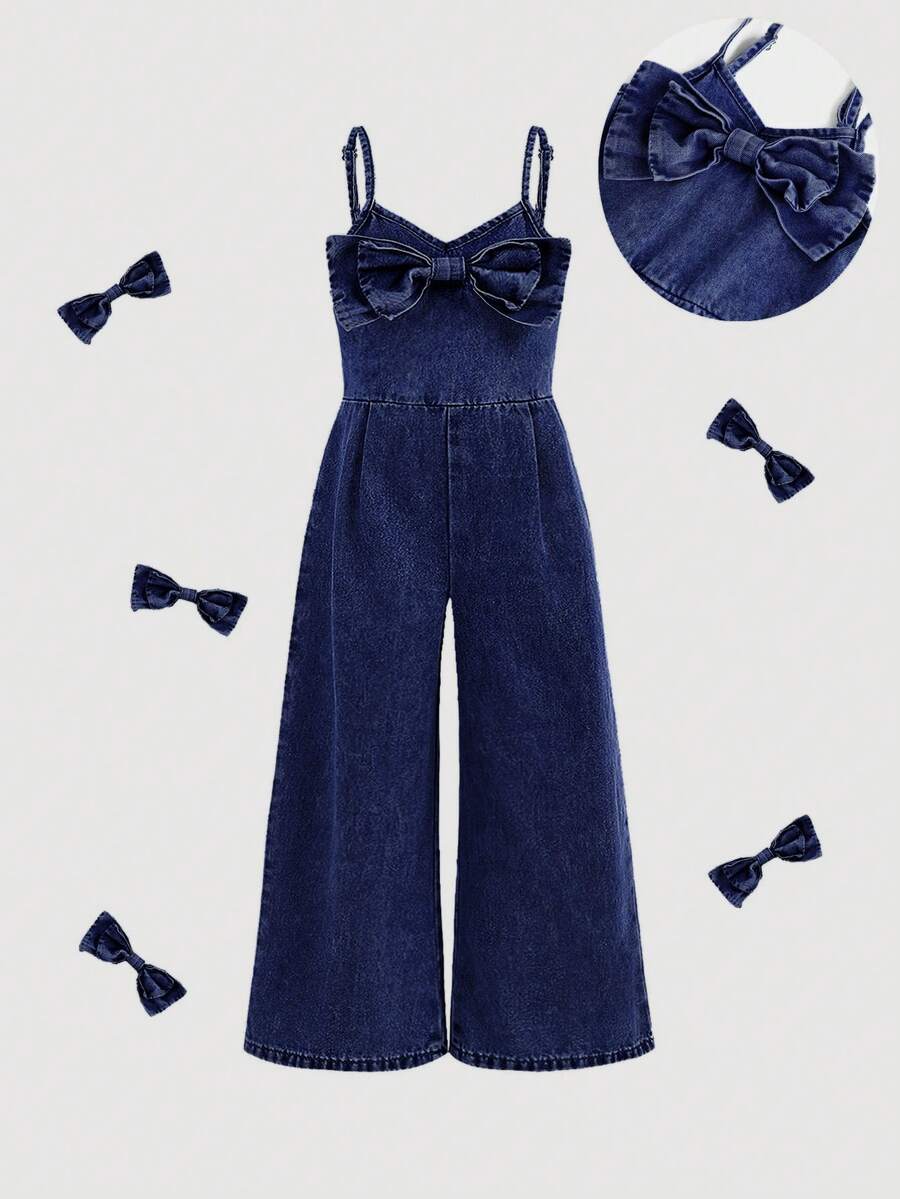 SHEIN Young Girl Bow Decor Casual Denim Jumpsuit - Dark Wash - View 1