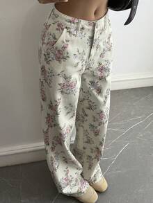 Livesso Women's Loose Casual Vacation Style Distressed Full Print Wide Leg Jeans, Spring/Summer - Apricot - View 4