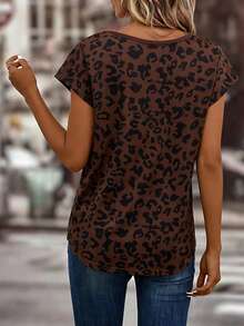 EMERY ROSE 时尚休闲V领插肩袖豹纹T恤，咖啡色 - 彩色 - 查看 2
