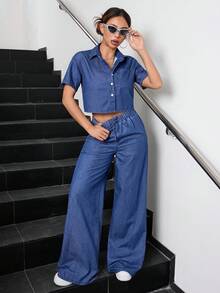 SHEIN Teen Girl Summer Casual Cropped Top And Wide Leg Denim Pants Set - Medium Wash - View 5