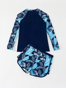 SHEIN 长袖热带印花防晒泳衣套装，长袖泳衣和短裤拉链两件套，泳裤配防晒衣，女童长袖防晒衣，长袖泳衣，少女泳装防晒衣 - 彩色 - 查看 3