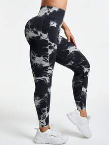 SHEIN Sports 女式高腰扎染印花日常健身运动紧身裤瑜伽裤 - 黑色 - 查看 5