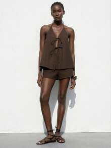 Maija 女式夏季纯色前系带露背上衣和短裤两件套，性感 - 咖啡棕 - 查看 2