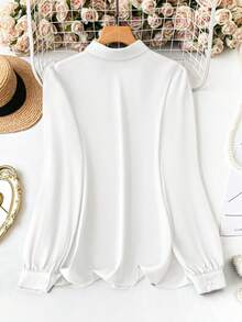 SHEIN Clasi 女士时尚纯色 Polo 领开衫，单排扣，优雅紫色，通勤百搭，长袖衬衫 - 白色 - 查看 2