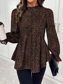 SHEIN LUNE Plus Size Casual Scalloped Collar Leopard Print T-Shirt, Autumn Leopard Print Top - Black - View 8