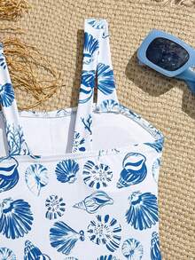 SHEIN Tween Girls' Spaghetti Strap Bikini Top, Casual & Fashionable With Blue Shell & Ocean Element Pattern, Hollow Lace Trim On Sides, Suitable For Vacation, Unlocking Summer Fashion - Multicolor - View 4