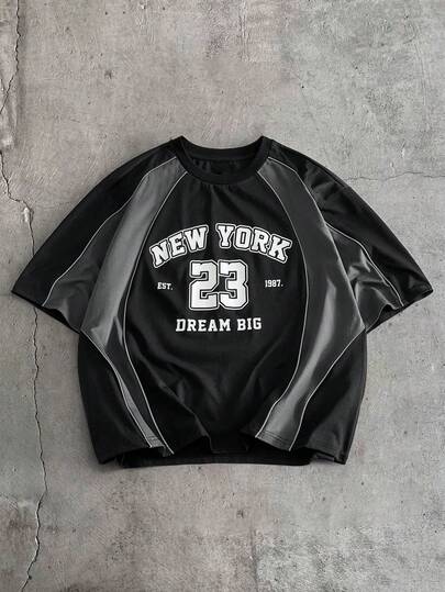 AXEPEAK Men's Contrast Color Letter Print Round Neck Casual Short Sleeve T-Shirt