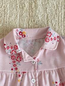 两件套女婴碎花睡衣套装，舒适休闲翻领开衫长袖上衣和裤子，春秋季 - 粉色 - 查看 8