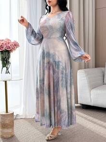 Feyla Women's V-Neck Long Sleeve Waist Cinched Elegant Dress - Multicolor - View 7