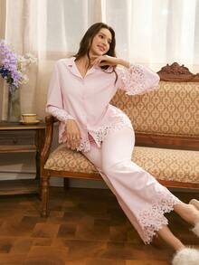Southern France Elegant Bubble Wrinkle Open Front Women Pajama Set - Pink - View 5