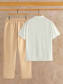 HIMLAND Conjunto de camisa y pantalones casuales de vacaciones para hombres con estampado de árboles de coco - Multicolor - Ver 4