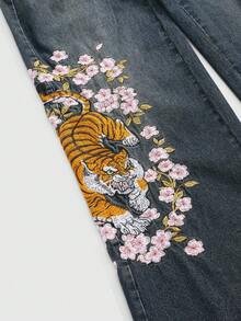 ROMWE Grunge Punk Unisex Retro Street-Style Chinese Tiger & Sakura Embroidery Loose Wide-Leg Jeans - Multicolor - View 3