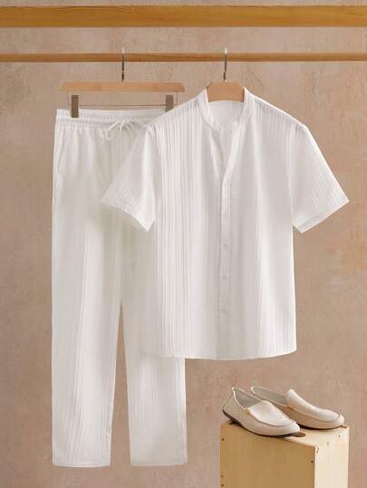 EASEVO Plus Size Men's Solid Color Button-Front Short Sleeve Shirt And Pants Casual Suit