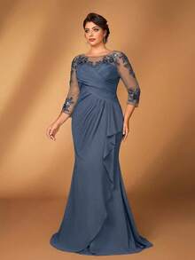 Serin 大码女士优雅灰粉色雪纺圆领薄纱长袖褶皱亮片贴花装饰美人鱼裙摆连衣裙，适合新娘/新郎母亲出席婚礼、正式活动、派对等场合。 - 霧霾藍 - 查看 6