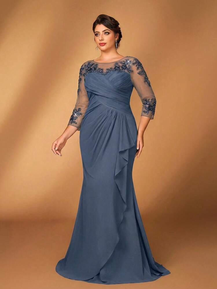 Serin Vestido elegante de gasa gris-rosa para mujer de talla grande, con cuello redondo, manga larga transparente, fruncido, decoración con apliques de lentejuelas y bajo de cola de sirena. Adecuado para la madre de la novia/novio en bodas, eventos formales y fiestas. - Neblina azul - Añade 6