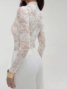 Aloruh Solid Color Stand Collar Sheer Lace Long Sleeve Bodysuit - White - View 2