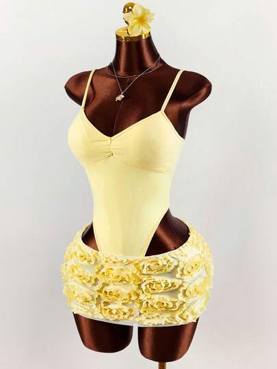 Amplova Women's Fashionable Sexy High Cut Camisole Jumpsuit And Applique Mini Skirt 2 Pieces Set, Summer Summer Dresses For Women Elegant Dresses For Party Summer Holiday Outfits Casual Outfits For Women