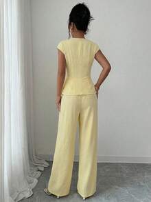 SHEIN Elenzya 1 Set Women's Sleeveless V-Neck Cinched Waist Top And Straight Leg Pants, Elegant & Romantic - Light Yellow - View 2